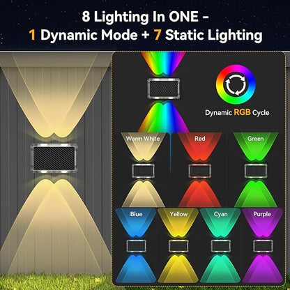 TECKNET Solar Outdoor Up Down Lights, 8 Modes RGB Color Changing Wall Sconces with 35% High Conversion Solar Panel, IP66 Waterproof Dual-Lens LED Decorative Lights for Garden, Fence, Patio (1 Pack)