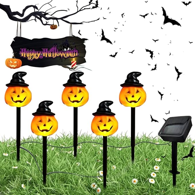 5pack Solar Halloween Skull Lights Decorations Outdoor, Waterproof Skull Solar Pathway Lights, Solar Halloween Garden Lights Scary Skeleton LED Lights for Patio Lawn Yard Garden (C)