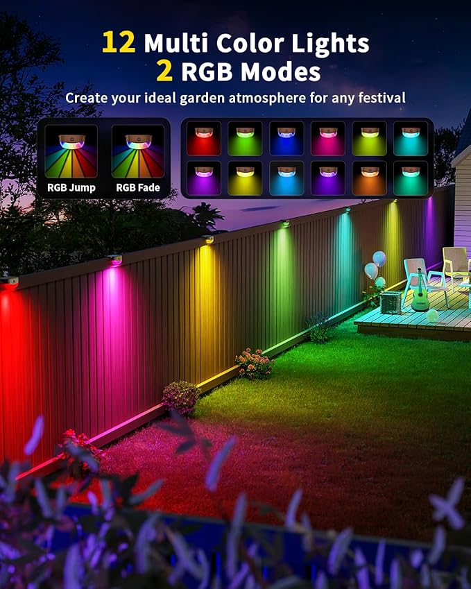 Solar Fence Lights with Remote Control 50ft,15 Multi Colors Solar Powered Outdoor Step Lighting,IP67 Waterproof Led RGBYW Colors Lamp for Outside Fence/Deck/Backyard/Stair Railing/Wall/Patio/Pool