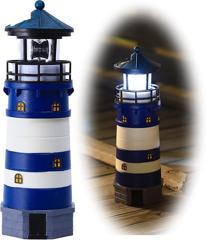 Lighthouse with Rotating Beacon LED Lights - Solar Lighthouse Lamp Outdoor Decorative for Garden Patio Well Cover Gifts (Blue1)