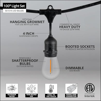 100ft S14 String Lights for Outside, 50 Edison Bulbs on Suspended Sockets LED Patio Lights for Backyard, Connectable Patio, Deck, Garden Lights