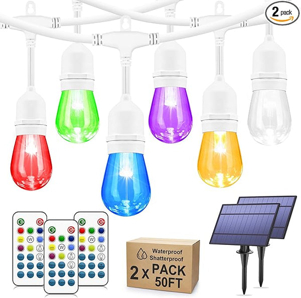 100FT(2x50FT) RGB Solar Outdoor String Lights with Remote, Dimmable Waterproof Patio Lights with 30 Bulbs for Porch | Lumora