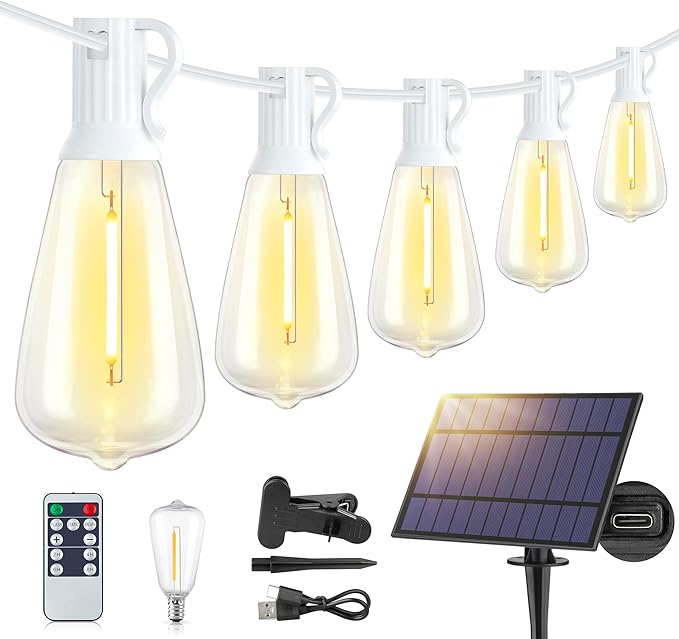 48FT Solar Outdoor String Lights with Remote & Timer, Shatterproof Dimmable 3 Modes Patio Lights with 15+1 ST38 LED | Lumora