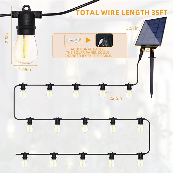 35FT Solar String Lights, 2200K S14 LED Globe Outdoor Lights for Patio with 16 Edison Vintage Shatterproof Bulbs, Connectable Backyard Lights for Bistro, Porch, Cafe