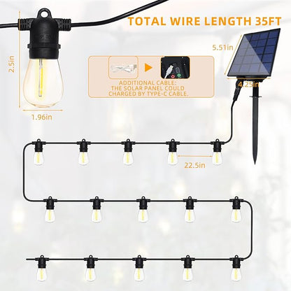 35FT Solar String Lights, 2200K S14 LED Globe Outdoor Lights for Patio with 16 Edison Vintage Shatterproof Bulbs, Connectable Backyard Lights for Bistro, Porch, Cafe