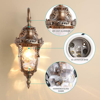 LONEDRUID Outdoor Wall Light Fixtures Bronze 16.93”H Exterior Wall Lantern Waterproof Sconce Porch Lights Wall Mount with Hammered Glass Shade for House