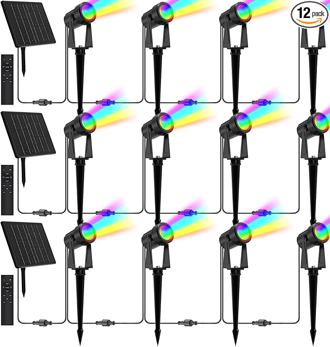 Zyan Solar Color Changing RGB Spotlights with Remote, Separate Monocrystalline Panels & USB-C Powered 18000mAh Auto On Off, Outdoor IP65 Waterproof, for Patio Yard Garden Pathway (12 Pack)