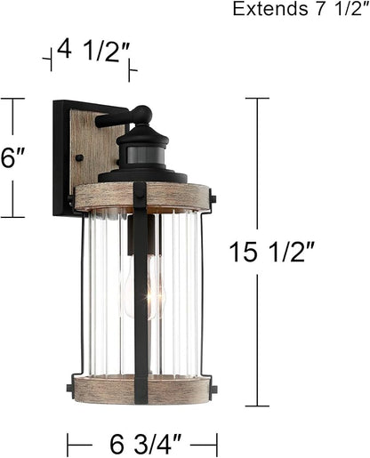 John Timberland Stan Rustic Outdoor Wall Light Fixture Wood Finish Black 15 1/2" Pleated Glass Motion Sensor Dusk to Dawn Decor for Exterior House Porch Patio Outside Deck Garage Yard Front Door