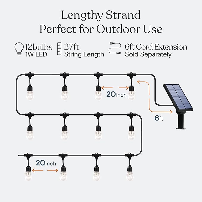 Brightech Ambience Pro 27 Ft Solar Powered Outdoor String Lights - Commercial Grade Waterproof Patio Lights with | Lumora