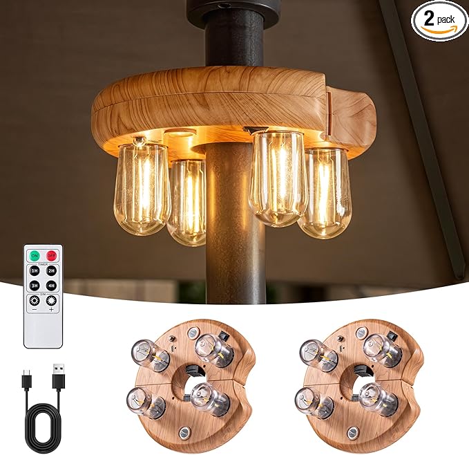 Wood Grain Patio Umbrella Light with Remote Control, Rechargeable Cordless LED Edison Bulbs Pole Light with 10 Brightness Levels for Garden, Patio, Backyard, Camping or BBQ (2 Pack)