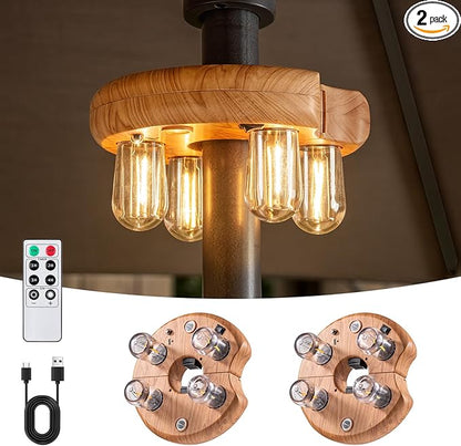 Wood Grain Patio Umbrella Light with Remote Control, Rechargeable Cordless LED Edison Bulbs Pole Light with 10 Brightness Levels for Garden, Patio, Backyard, Camping or BBQ (2 Pack)