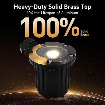 Gardenreet Brass Outdoor Low Voltage Well Lights - 12V LED In-Ground Lighting, Replaceable Bulb Flush Fixture, Antique Bronze for Path Yard Tree with 2700K Warm White MR16 Bulb