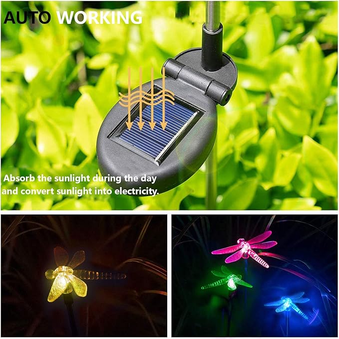 Outdoor Solar Powered LED Garden Light Landscape Lighting Waterproof Multicolor Color Changing Stake Light for Patio Yard Pathway Flowerbed Lawn Christmas Decorations Figurine Dragonfly Pack of 2