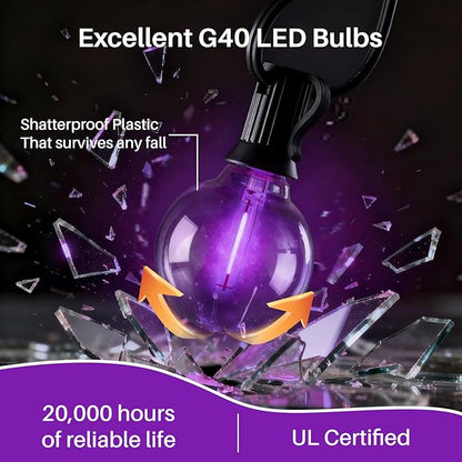 25 FT Colorful Outdoor String Lights G40 Globe Shatterproof Patio Lights,13 Plastic Edison Bulbs(1 Spare) IP65 Waterproof Dimmable LED Bulbs for Backyard Porch Balcony Party Decor, E12 Base