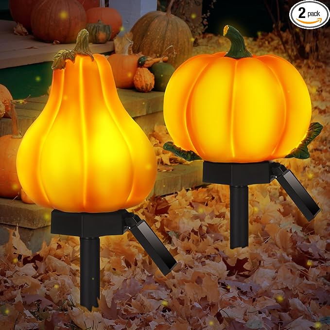 2 Pcs Fall Solar Lights Pumpkin Outdoor Thanksgiving Halloween Decoration Waterproof Light up Pumpkin Yard Sign for Fall Harvest Decor Porch Garden Lawn(Orange)