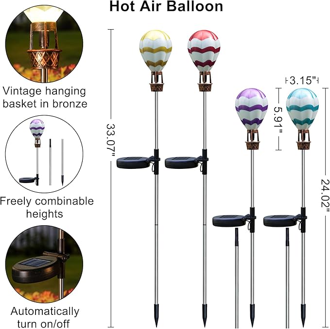 Solar Garden Decor - 4 Pack Hot Air Balloon Solar Lights Outdoor Waterproof Stake Lights for Pathway Garden Yard Path Lawn Decor Gift