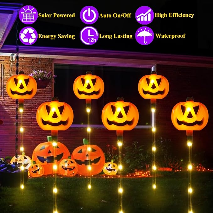 6 Pack Solar Pumpkin Garden Pathway Stake Lights Outdoor Halloween Decorations,8 Modes Solar Pumpkin Lights for Outside Waterproof Lighted Scary Jack o Lantern for Patio Yard Lawn Grave Decor