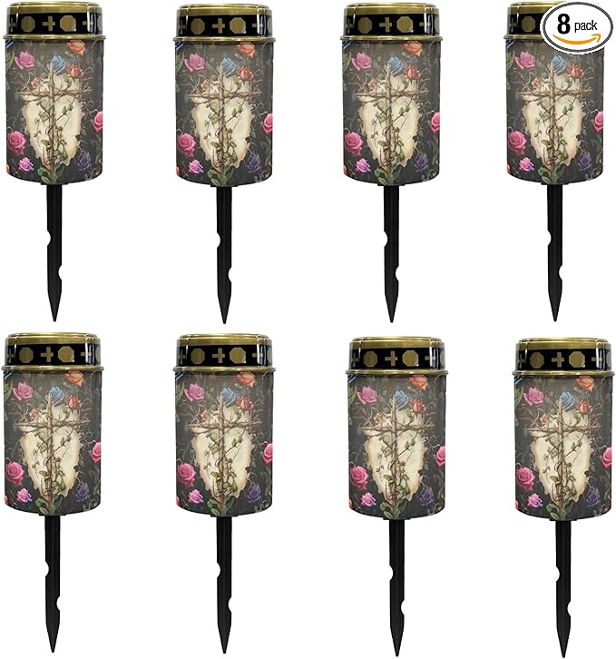 Cemetery Solar Lights for Grave,Cross-Watercolor Floral Solar Garden Stake Lights for Yard Patio Black Outdoor Solar Pathway Lights Waterproof Flameless Warm White LED Solar-Lantern