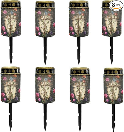 Cemetery Solar Lights for Grave,Cross-Watercolor Floral Solar Garden Stake Lights for Yard Patio Black Outdoor Solar Pathway Lights Waterproof Flameless Warm White LED Solar-Lantern
