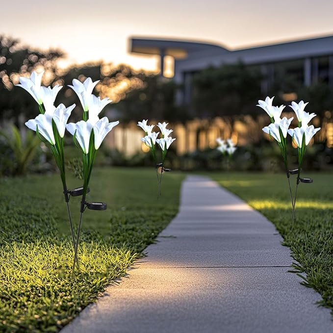 Outdoor Solar Lights, 2 Pack Solar Garden Lights with Lily Flowers, Waterproof Garden Light Outdoor - Yard Decorations for Patio Yard Decoration (White)