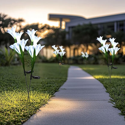 Outdoor Solar Lights, 2 Pack Solar Garden Lights with Lily Flowers, Waterproof Garden Light Outdoor - Yard Decorations for Patio Yard Decoration (White)