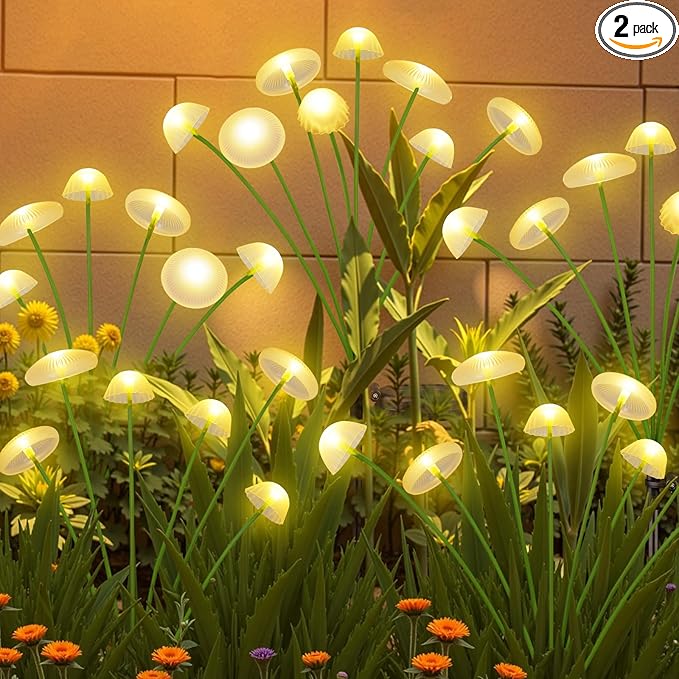 2PK 16LED Solar Garden Lights Outdoor, Mushroom Solar Lights Outdoor, IP65 Waterproof Firefly Light Outside Decor | Lumora