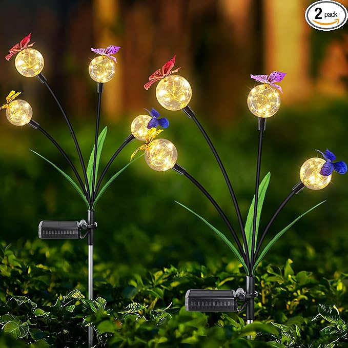 Solar Lights Outdoor 2 Pack, Solar Garden Lights, Butterfly Outdoor Decorations, Patio Decor, Big Bulb, Unique Gifts for Women, Gifts for Grandma