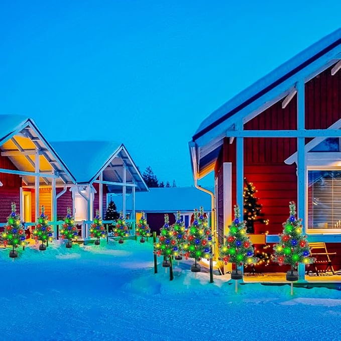 Solar Christmas Tree Garden Stake Lights, 2Pcs Outdoor LEDs Solar Powered Xmas Pathway Lights, Christmas Decorations Tree Lights for Porch Pathway Yard Decor