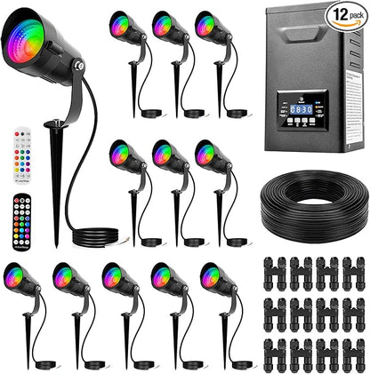 All-in-One RGBWW Low Voltage Landscape Lighting Kit, 12W LED Color Changing Landscape Lights with Remotes, Transformer and Wire, Outdoor Waterproof Spotlights for Yard Garden Festival Decor, 12-Pack