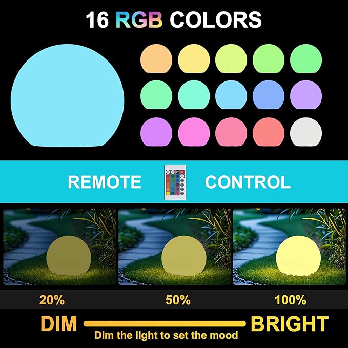shumi Solar Ball Light-12inch LED Outdoor Table Lamp,16 RGB Colors and Dimmable Globe Light with Remote,Decor for | Lumora