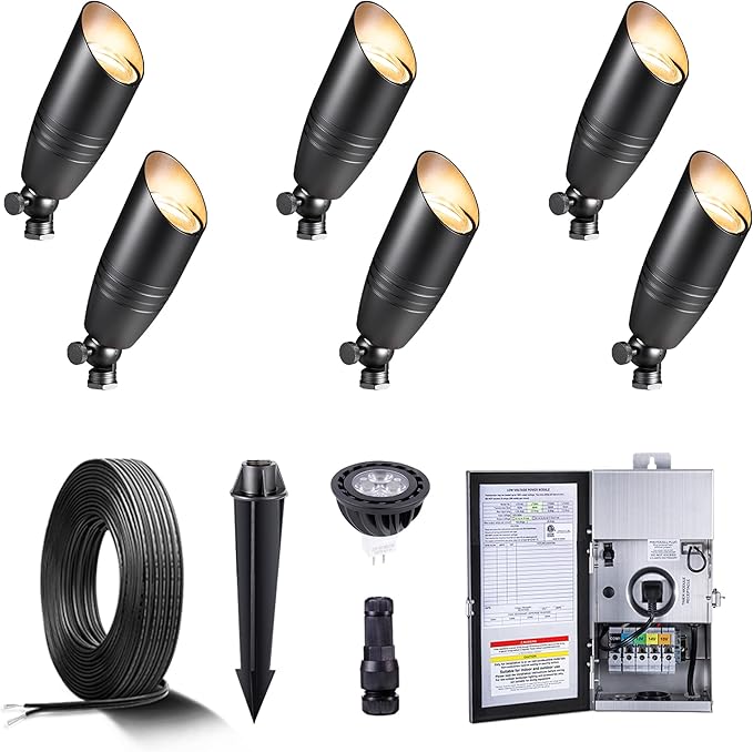 Gardenreet Black Brass Low Voltage Landscape Spotlights(6-Pack) Kit 12V LED with Low Voltage Transformer 150W & | Lumora