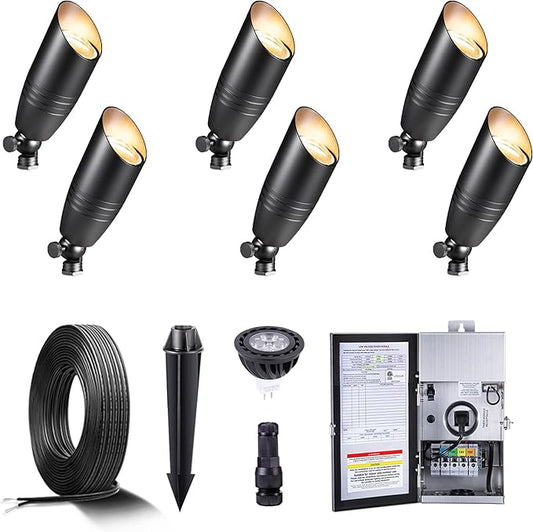 Gardenreet Black Brass Low Voltage Landscape Spotlights(6-Pack) Kit 12V LED with Low Voltage Transformer 150W & Mechanical Timer & 100FT Wire & 30Pack Connectors for Outdoor House Garden Patio