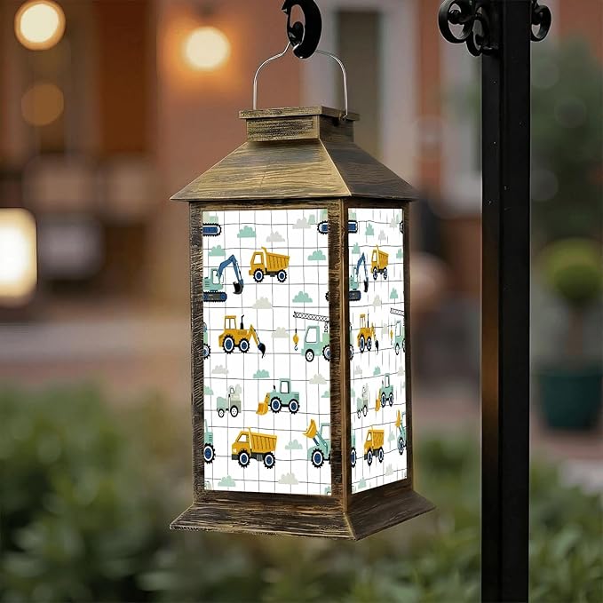 Solar Lantern Outdoor Waterproof Hand Drawn Cute Cars Truck Tractor Cargo Crane Bulldozer Excavator Garden Decor LED Solar Lights Hanging/Tabletop Lamp Gifts for Women Mom for Outside Yard Patio