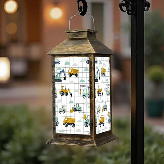 Solar Lantern Outdoor Waterproof Hand Drawn Cute Cars Truck Tractor Cargo Crane Bulldozer Excavator Garden Decor LED Solar Lights Hanging/Tabletop Lamp Gifts for Women Mom for Outside Yard Patio