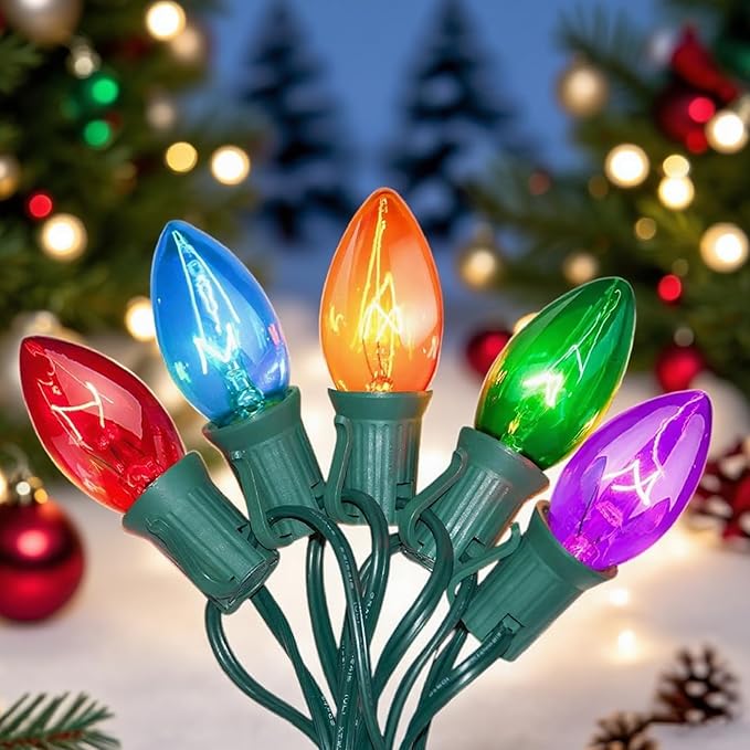 C7 Multicolor Christmas Lights Outdoor, 25FT Vintage String Lights with 27 Clear Colorful Bulbs for Patio, Garden, Porch Decor, Waterproof Connectable, Classic Incandescent Glow