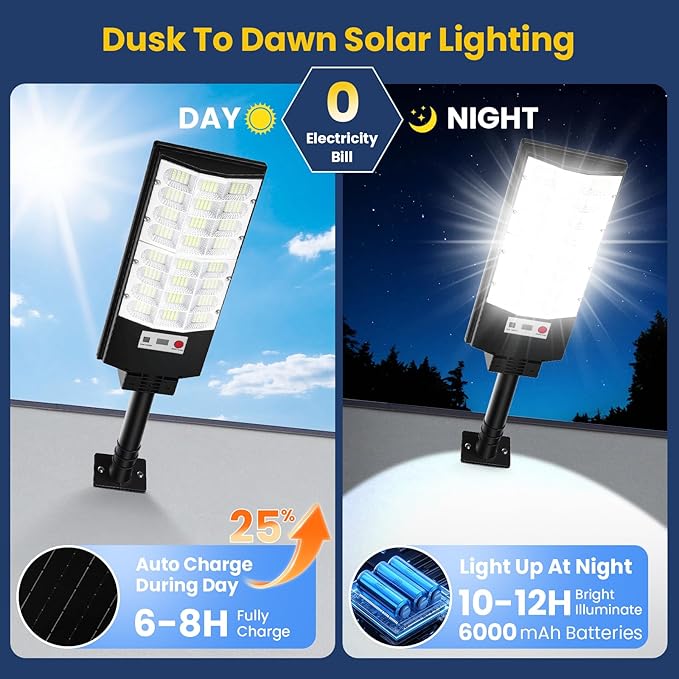 Solar Lights Outdoor Waterproof, 6500K 12000LM LED Dusk to Dawn Solar Street Light, Solar-Powered Flood Lights with Motion Sensor & Remote Control, Solares Parking Lot Light for Yard Walkway, 6-Pack