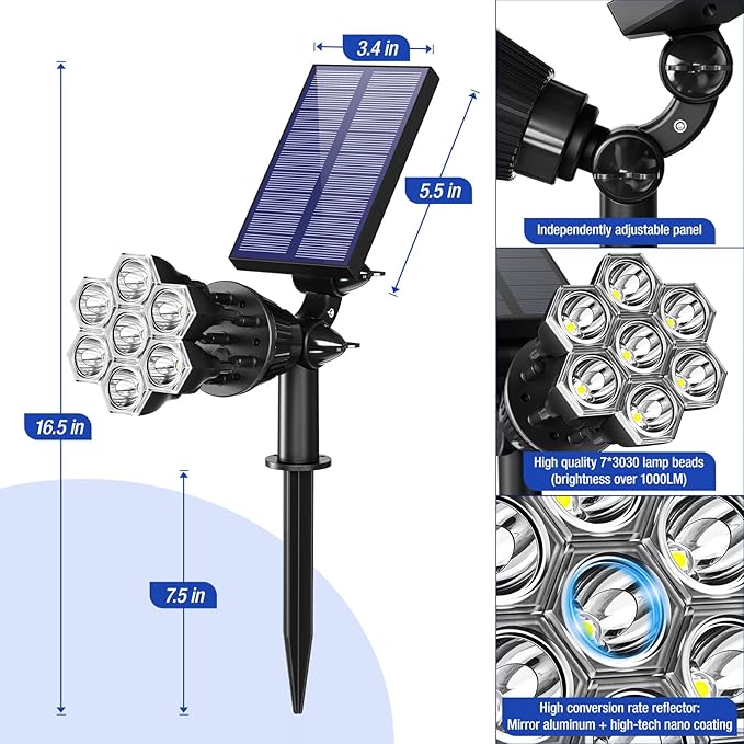 Solar Spot Lights Outdoor 1000LM, IP68 Waterproof Solar Lights Outdoor with 7x360° Adjustable Metal Hose, 4 | Lumora