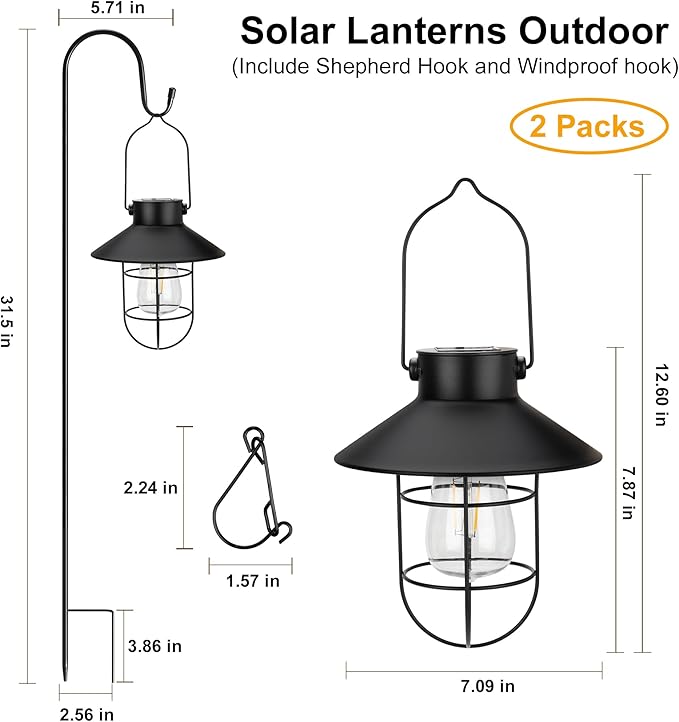 pearlstar 2 Pack Solar Lights Outdoor, Hanging Solar Lanterns with Edison Bulb and 2 x 32 Inch Shepherd Hooks | Lumora