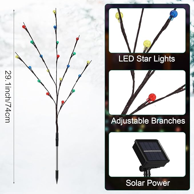 Retisee Garden Christmas Solar Lights - 2 Sets 8 Pcs LED Twig Stake Outdoor Decor - Solar Firefly Christmas Tree Light - 160 LED C6 Fairy Light for Lawn Pathway Xmas Yard Stake