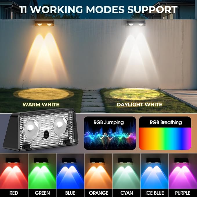 Solar Fence Lights, Fence Lights Solar Powered Warm/Cool White and RGB Colors Changing Outdoor Solar Lights IP65 Waterproof for Yard Garage Backyard Railing Step Patio Pool - 6Pack