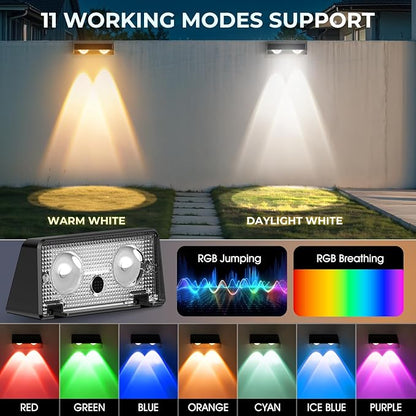 Solar Fence Lights Outdoor, Fence Lights Solar Powered IP65 Waterproof, Warm/Cool White and RGB Colors Changing Solar Wall Lights for Yard Garage Backyard Railing Step Patio Pool - 16Pack