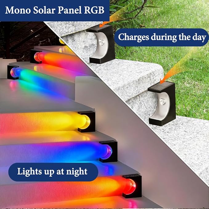 4 Pack Solar Step Lights Outdoor, IP65 Waterproof LED Stair Lights with RGB Color Changing for Garden, Patio, Yard | Lumora