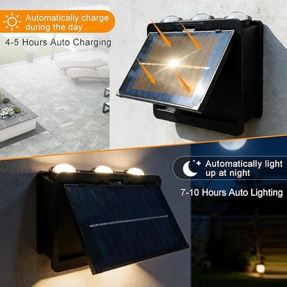 2PCS Solar Wall Lights Outdoor, Adjustable PV Panel,6 Bulbs Up and Down Lamp Bright Wall Light for Patio Cafe BarExterior Wall Garage Garden Yard