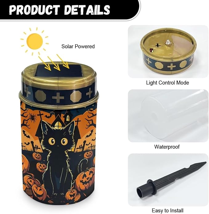 Black Cat Pumpkin Cemetery Solar Lights, Solar Powered Garden Stake Lights, Halloween Decorative Lights for Cemetery Grave Yard Patio Outdoor Decoration Memorial