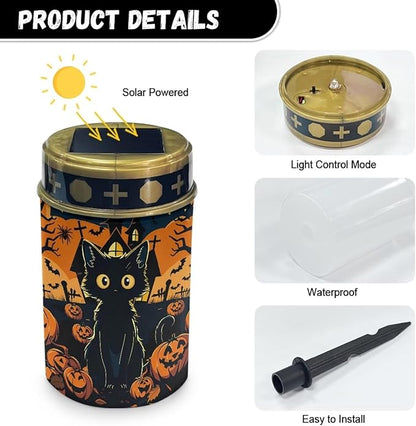 Black Cat Pumpkin Cemetery Solar Lights, Solar Powered Garden Stake Lights, Halloween Decorative Lights for Cemetery Grave Yard Patio Outdoor Decoration Memorial
