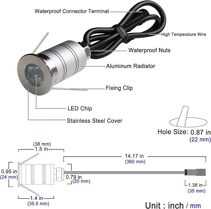 LED In-Ground Well Light,Mini 15° Narrow Beam Angle Spotlight,1W 12V-24V DC,IP67 Waterproof Underground Outdoor Landscape Lightings,Warm White-3000K (6 Pack)