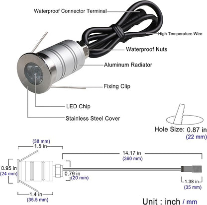 LED In-Ground Well Light,Mini 15° Narrow Beam Angle Spotlight,1W 12V-24V DC,IP67 Waterproof Underground Outdoor Landscape Lightings,Warm White-3000K (6 Pack)