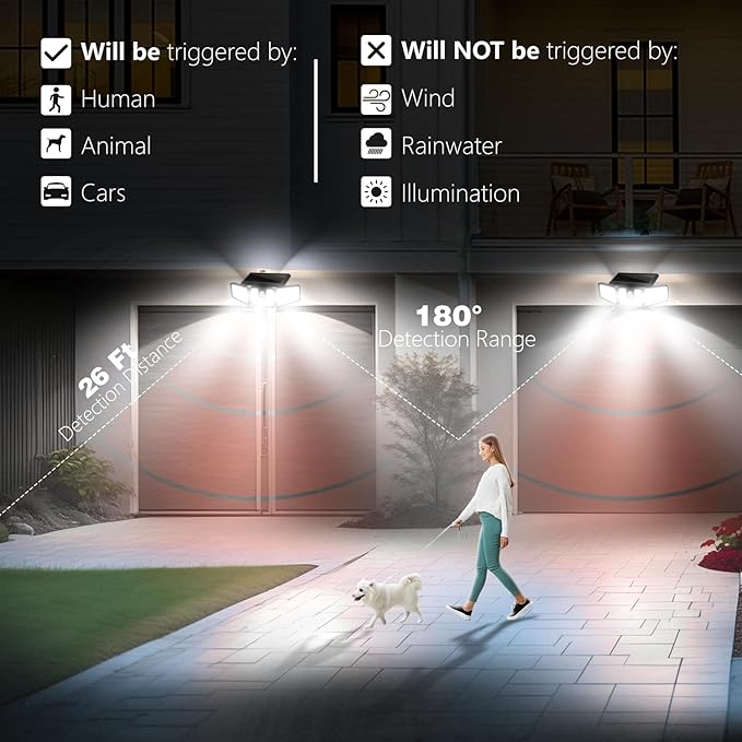 AmeriTop Solar Lights Outdoor, 2 Pack LED High Brightness Cordless Solar Motion Sensor Lights; 3 Adjustable Heads, 270° Wide Angle Illumination, IP65 Waterproof, Security LED Wall Light(Daylight)