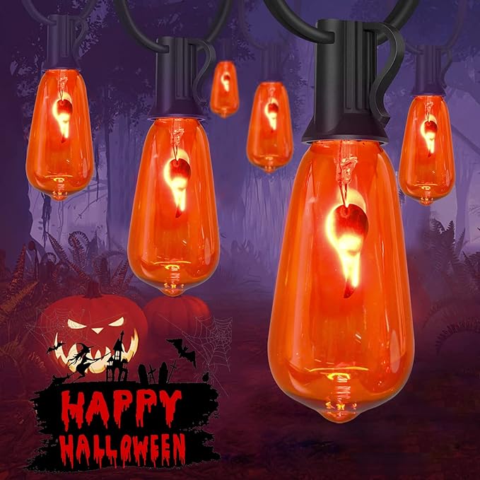 Halloween Flicker Flame String Lights Outdoor, 10Ft Halloween Decorations Lights with 10 ST40 Edison Orange Flame Bulbs, Outdoor Orange Lights for Patio Party, Black Wire