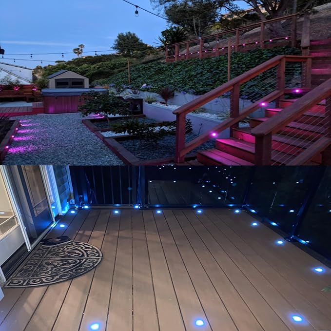 LED Outdoor Deck Lights with Photocell, Φ1.77in RGB 20 Pack Black, Low Voltage 12V IP67 Waterproof, Multi Color Changing Remote, Electric Wired Recessed Stair Step Landscape Lighting for Yard